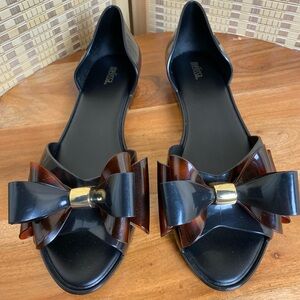 Mellissa Seduction II Black Jelly Flats W/Tortotishell Bow Detail EU (40) US (9)